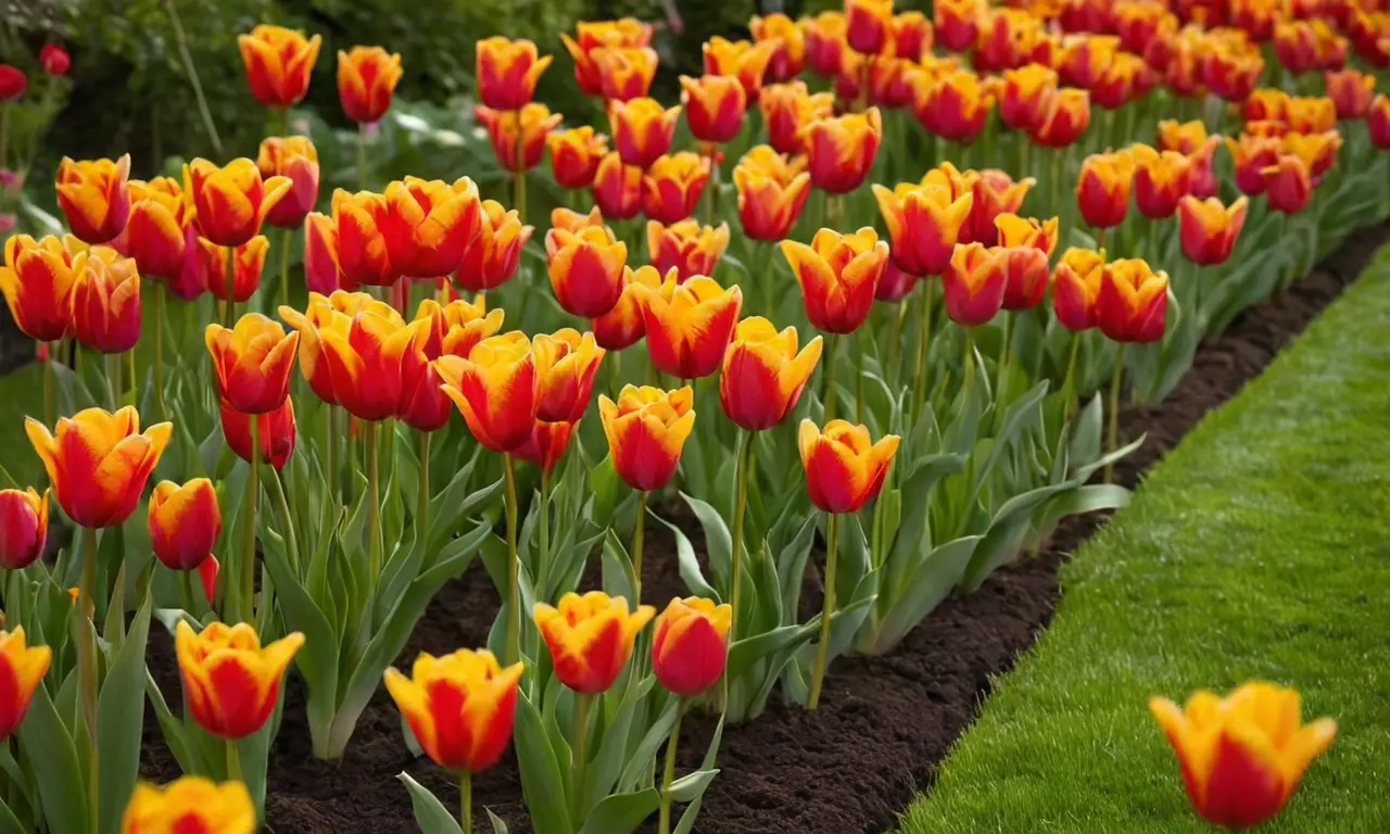 Tulipanes vibrantes y coloridos en jardín