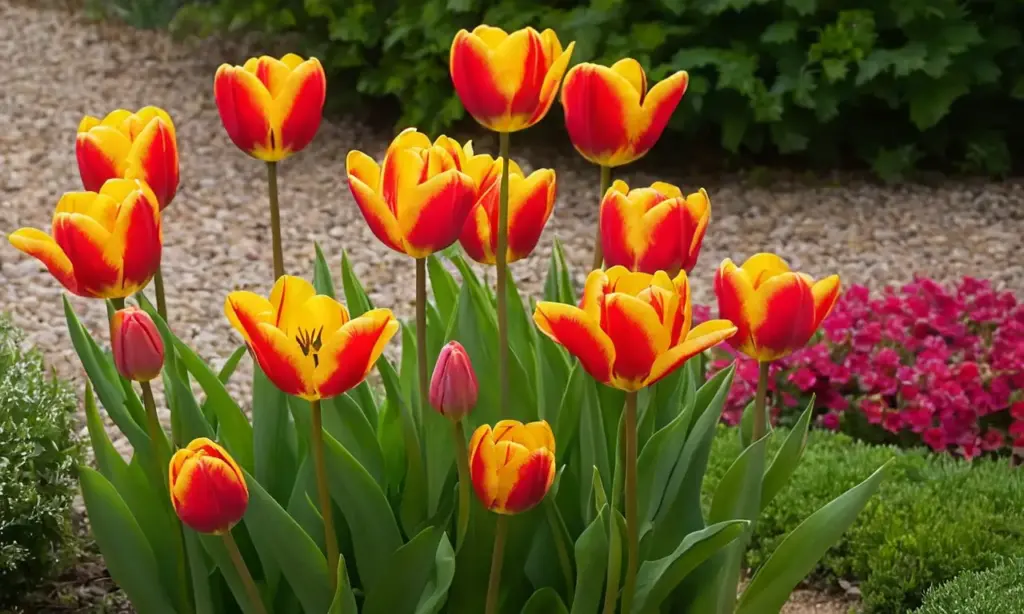 Tulipanes vibrantes en un jardín sereno