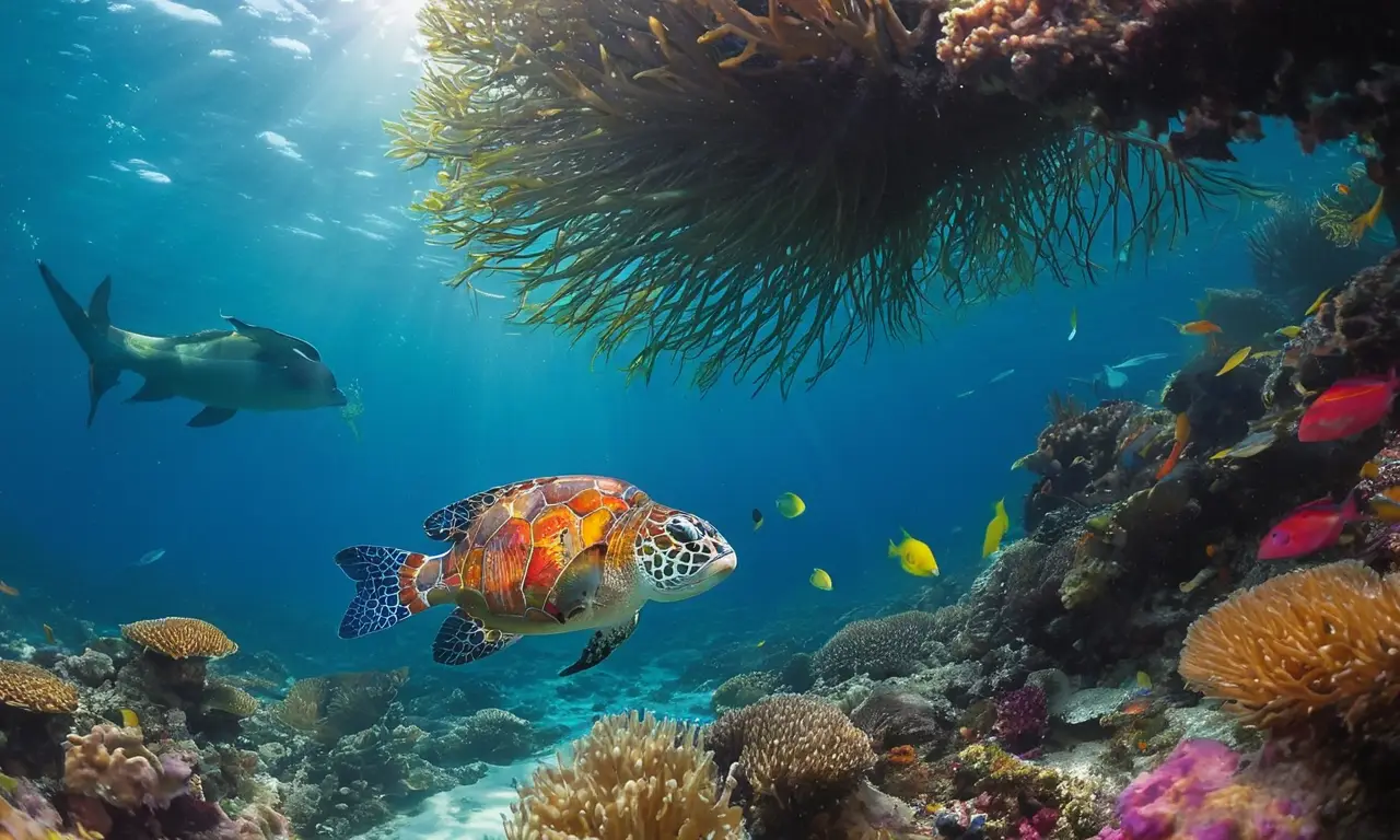 Escena submarina vibrante con diversa vida marina