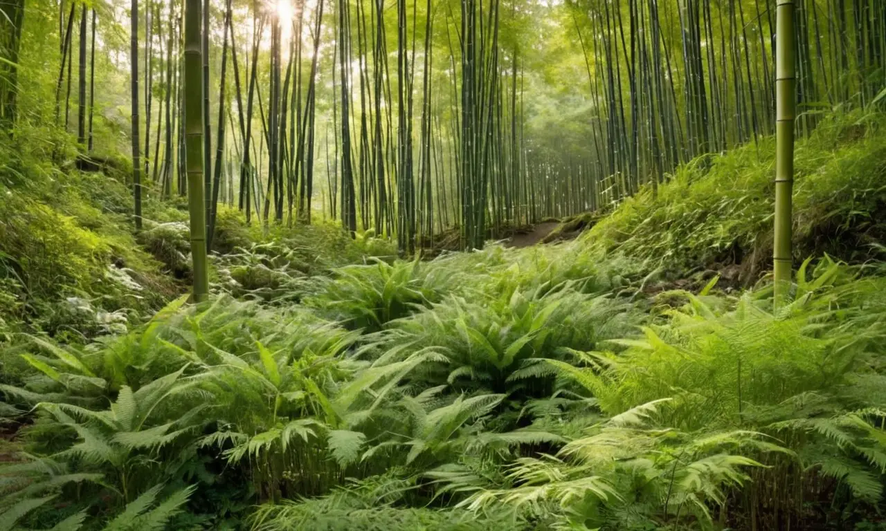 Bosque de bambú con utensilios sostenibles