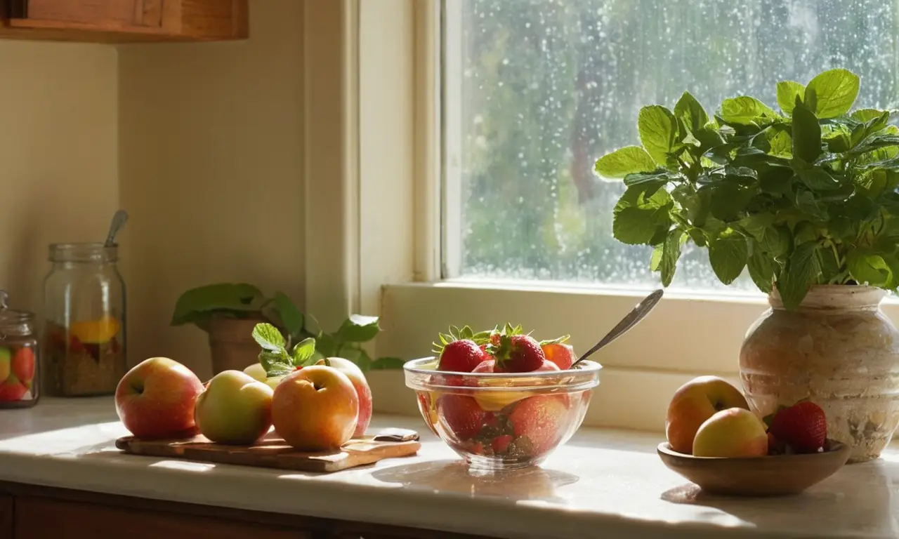 Encimera iluminada con coloridos frutas y utensilios