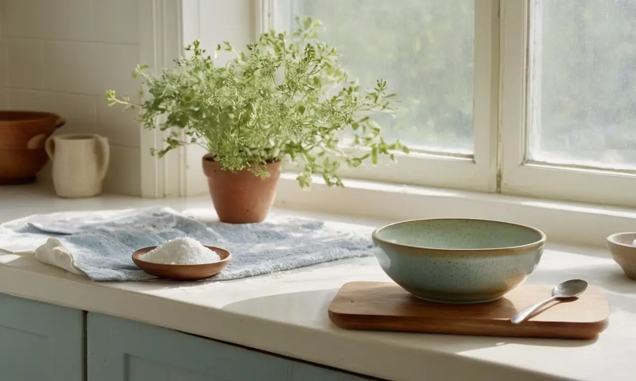Cocina iluminada y armoniosa con objetos variados