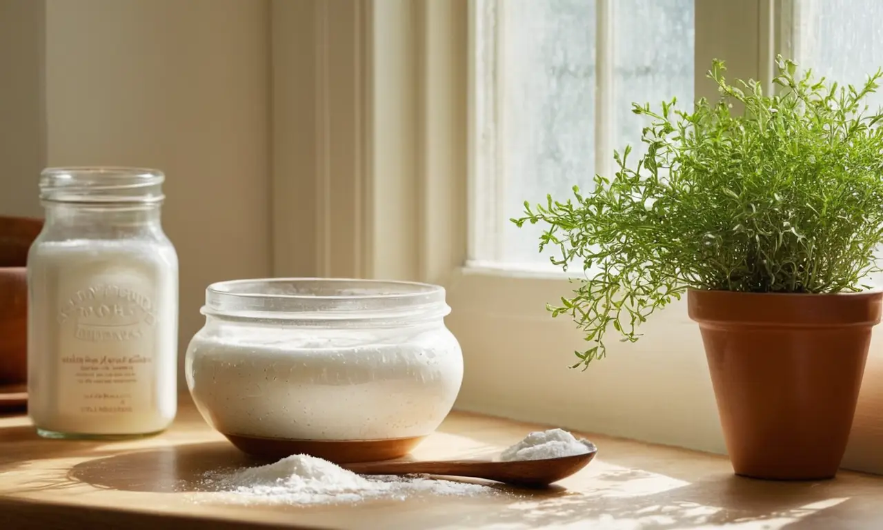 Cocina iluminada con bicarbonato y naturaleza