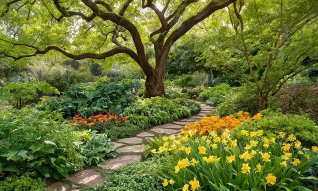 Jardín vibrante con plantas variadas y flores