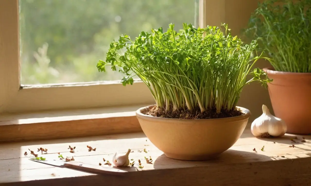 Mesa rústica con ajo, luz cálida y natural