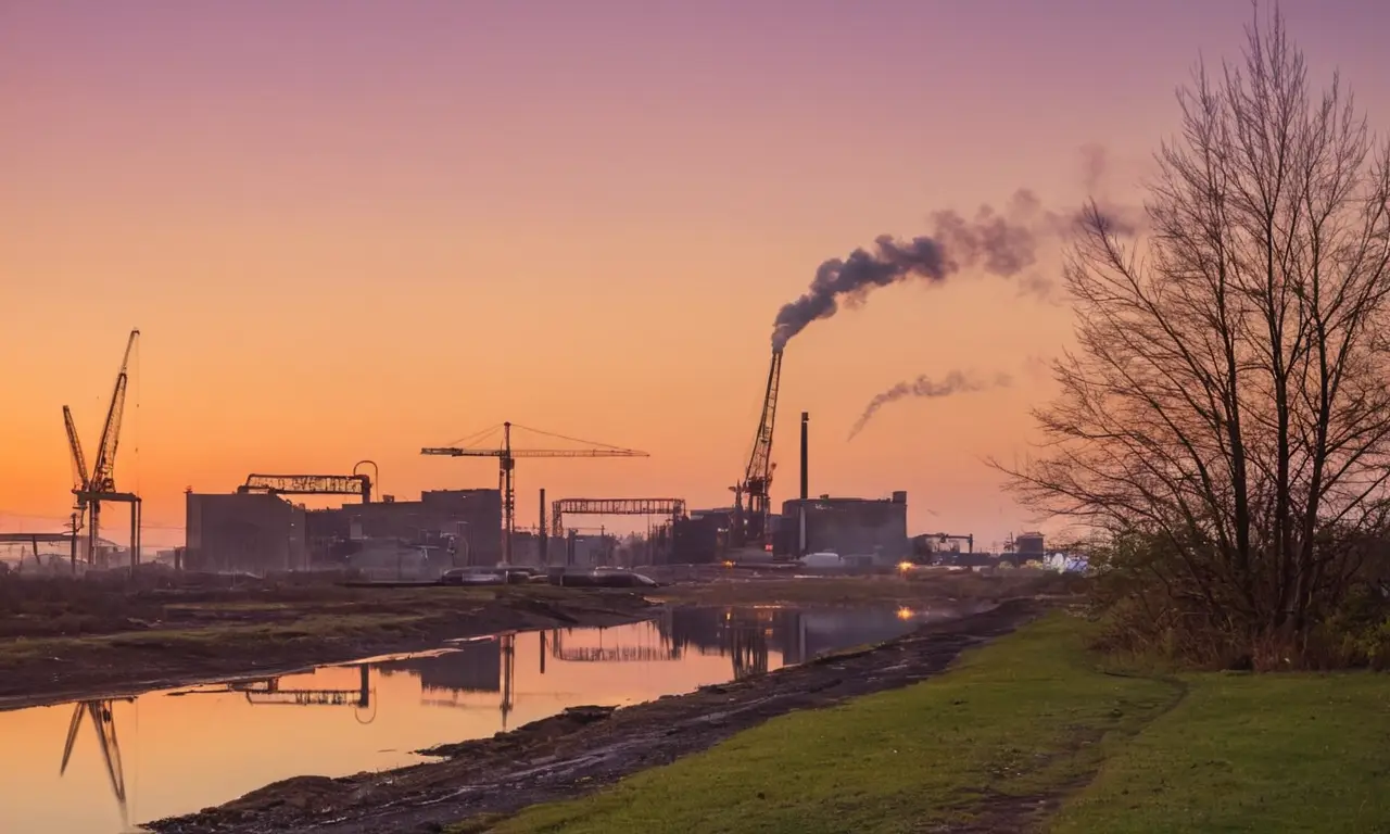 Agua clara y paisaje industrial al atardecer