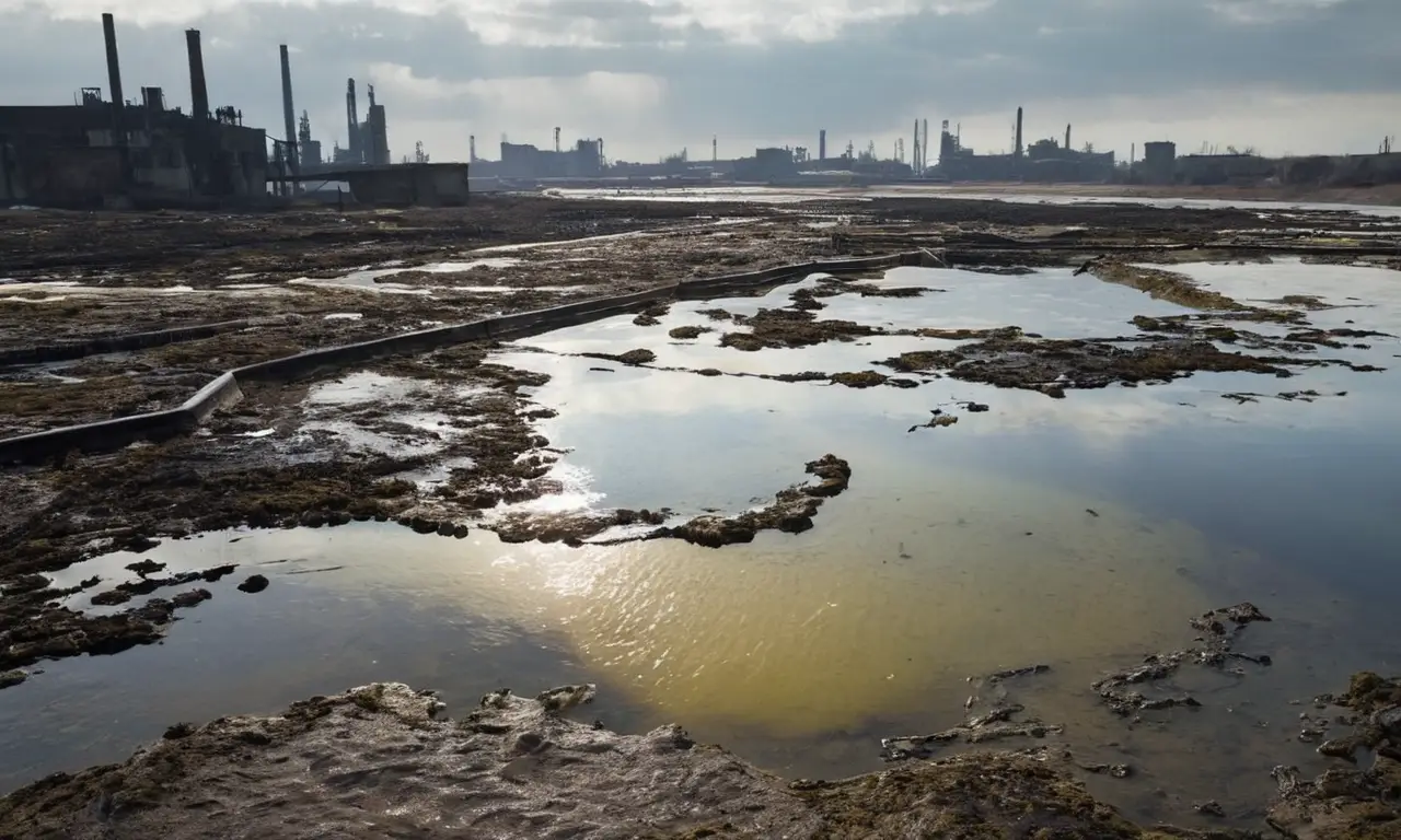 Escena industrial con agua contaminada y sombras