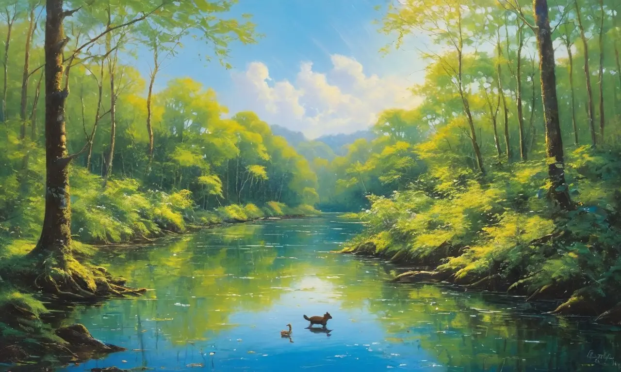 Escena forestal viva con luz y fauna