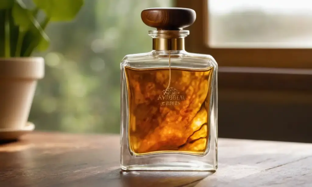 Botella de perfume sobre mesa de madera