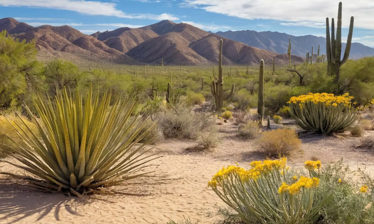 Desierto soleado con cactáceas y flores