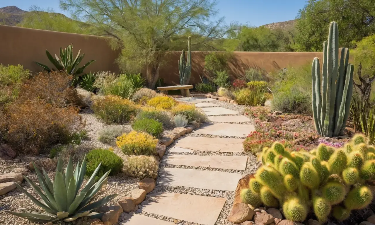 Jardín vibrante con plantas resistentes y texturas
