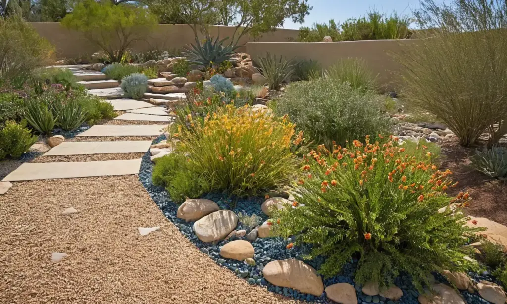 Jardín xeriscape armonioso y vibrante