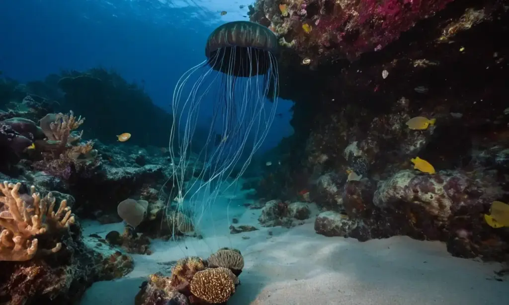 Aguas profundas con vida bioluminiscente y misterio